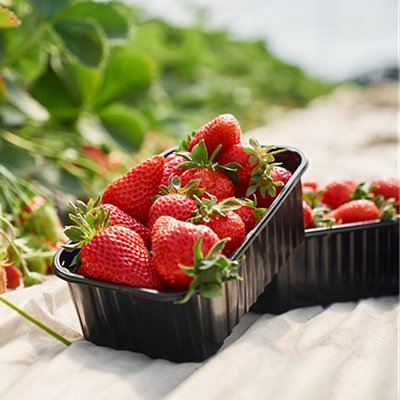 Fresh ripe strawberries inside black plastic box