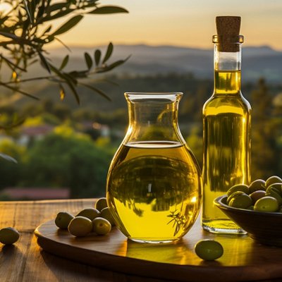 Fresh oil and olives on the table against the backdrop of a farm and olive grove, pure virgin oil