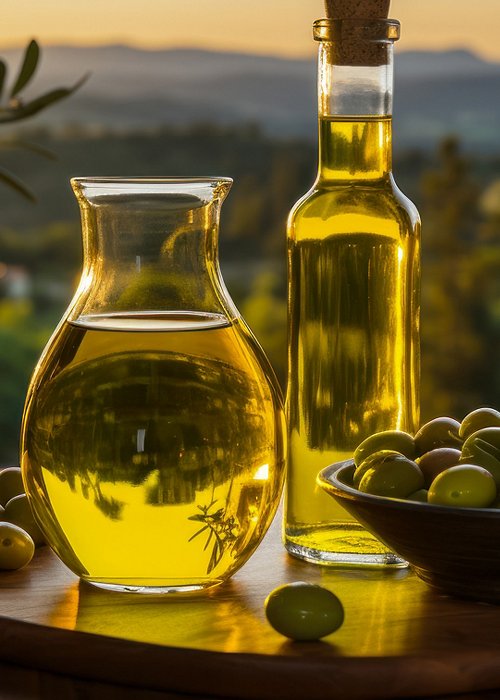 Fresh oil and olives on the table against the backdrop of a farm and olive grove, pure virgin oil