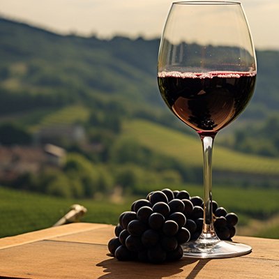 A glass of wine on an old table with a vineyard background