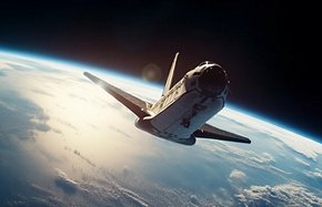 Flying fighter plane orbits planet in futuristic space exploration journey generated by AI