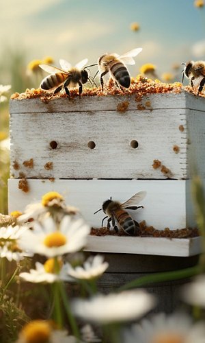 A beehive with bees buzzing around a field with chamomiles