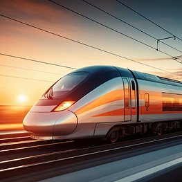 A high-speed train blurring past on tracks at sunset.